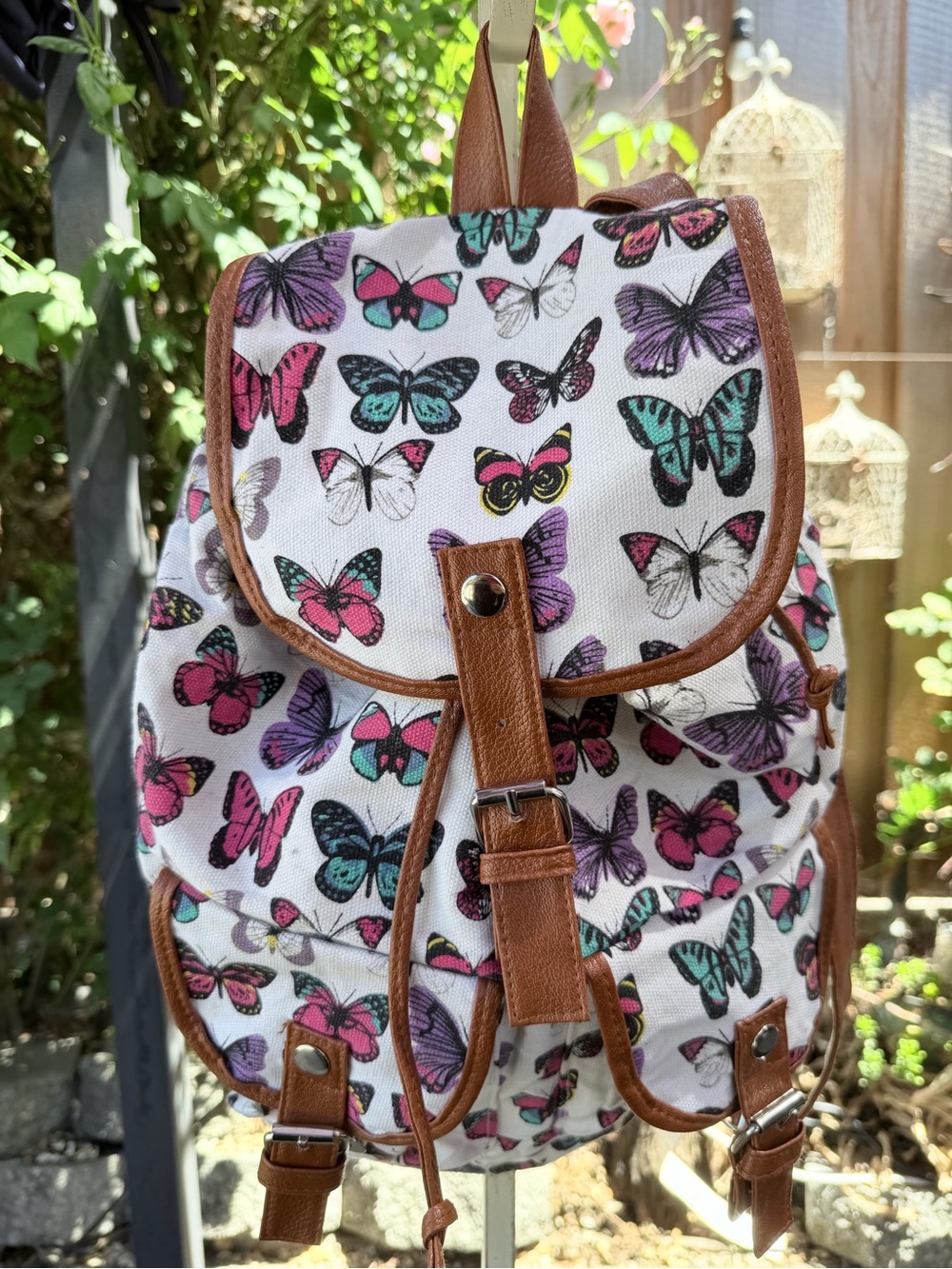 Canvas Butterfly Print Mini Backpack - White/Pink/Purple